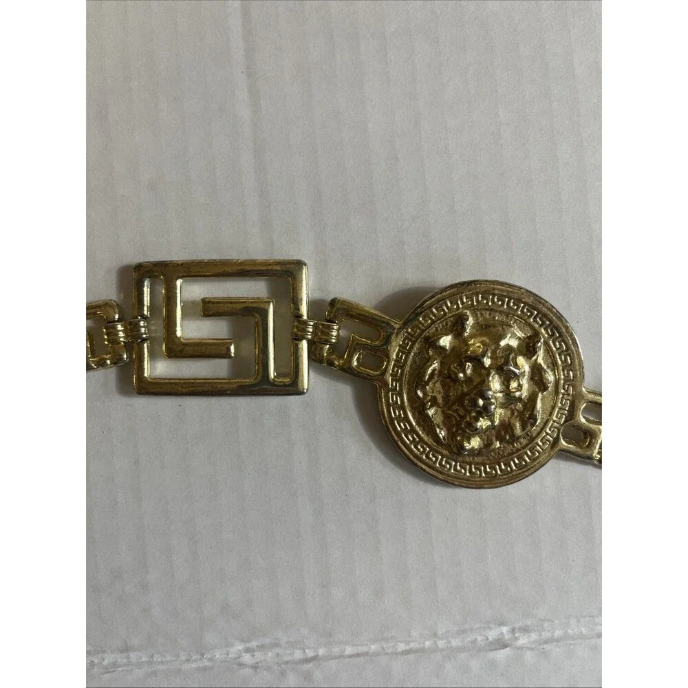 Lion Head Medallion Belt 42 In Gold Tone Chain Link Greek Key Chunky 80s Korea